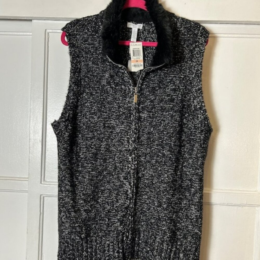 Charter Club NWT Women's Sweater Vest Faux Fur Collar Black 2X Shiny Threading